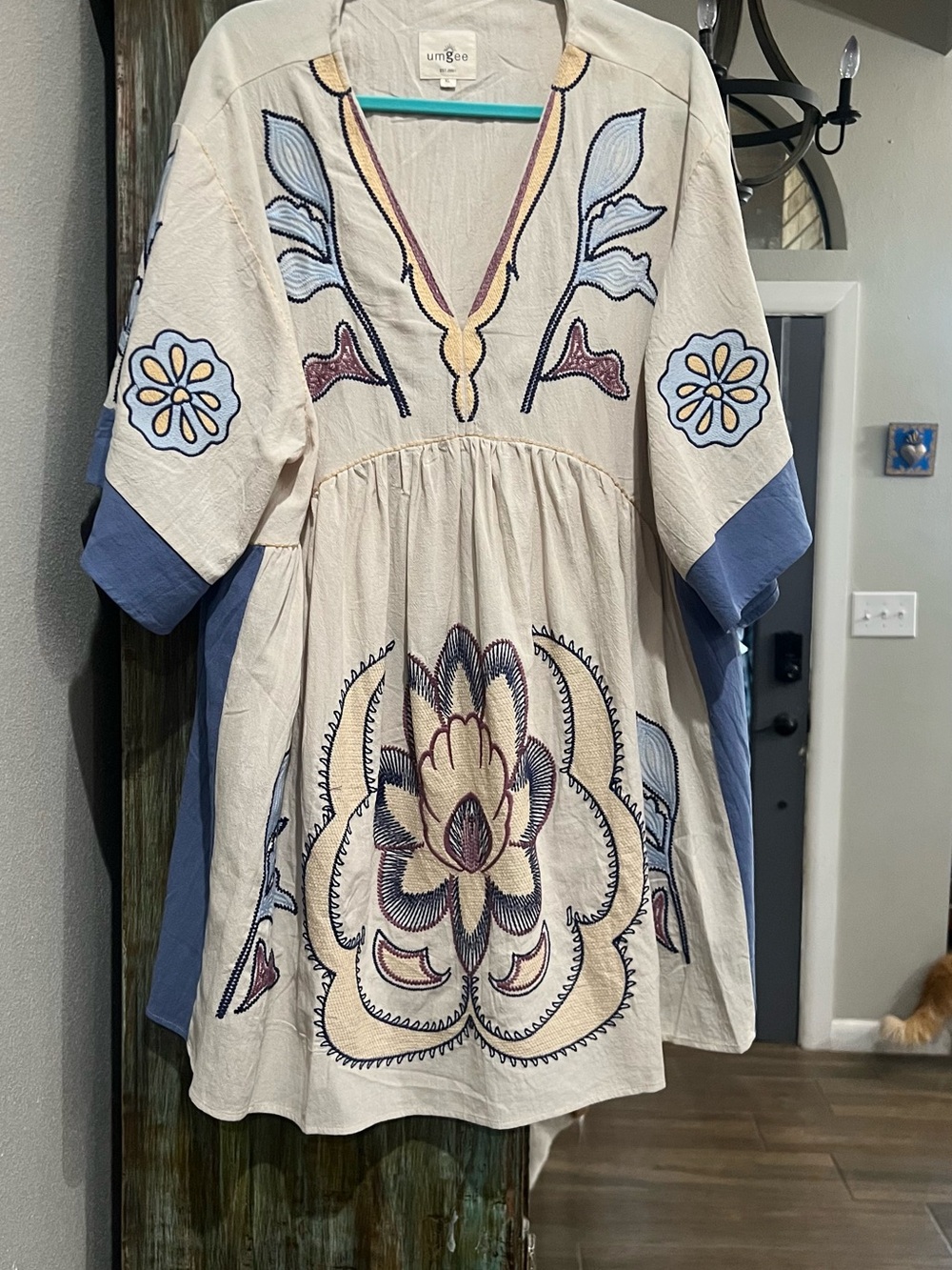 Umgee Cream Tunic Dress with Blue and Purple Floral Embroidery